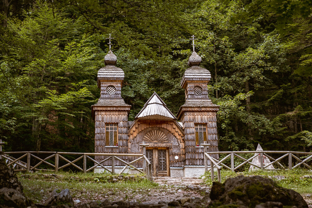 wooden Russian chapel in the forest in Triglav National Park Slovenia